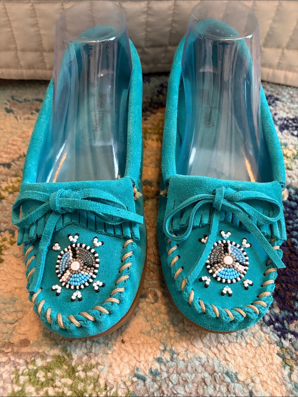 Women’s Turquoise Beaded Moccasin Loafers - Suede Slip-On